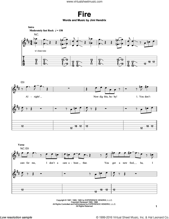 Fire sheet music for guitar solo (easy tablature) by Jimi Hendrix, easy guitar (easy tablature)