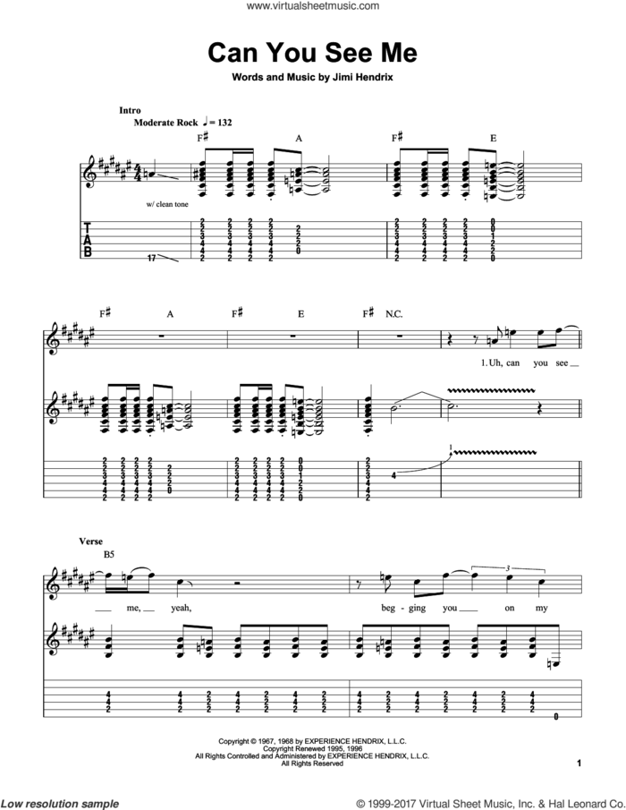 Can You See Me sheet music for guitar solo (easy tablature) by Jimi Hendrix, easy guitar (easy tablature)