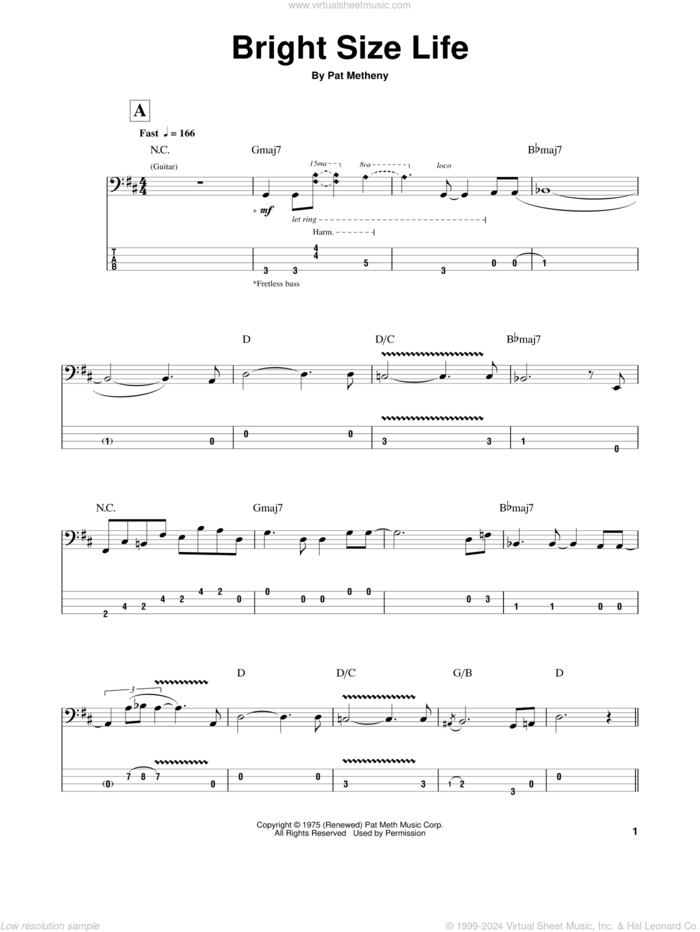 Bright Size Life sheet music for bass (tablature) (bass guitar) by Pat Metheny and Jaco Pastorius, intermediate skill level