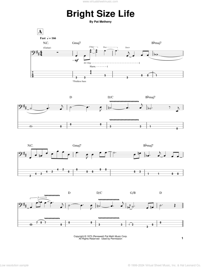 Bright Size Life sheet music for bass (tablature) (bass guitar) by Pat Metheny and Jaco Pastorius, intermediate skill level