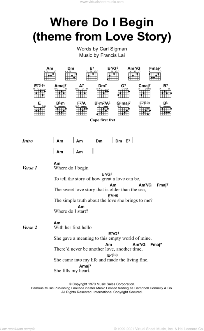 Where Do I Begin (theme from Love Story) sheet music for guitar (chords) by Andy Williams, Francis Lai and Carl Sigman, intermediate skill level