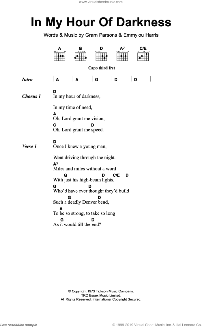 In My Hour Of Darkness sheet music for guitar (chords) by Gram Parsons and Emmylou Harris, intermediate skill level