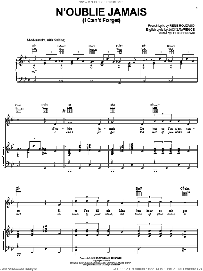 N'oublie Jamais (I Can't Forget) sheet music for voice, piano or guitar by Jack Lawrence, Louis Ferrari and Rene Rouzaud, intermediate skill level