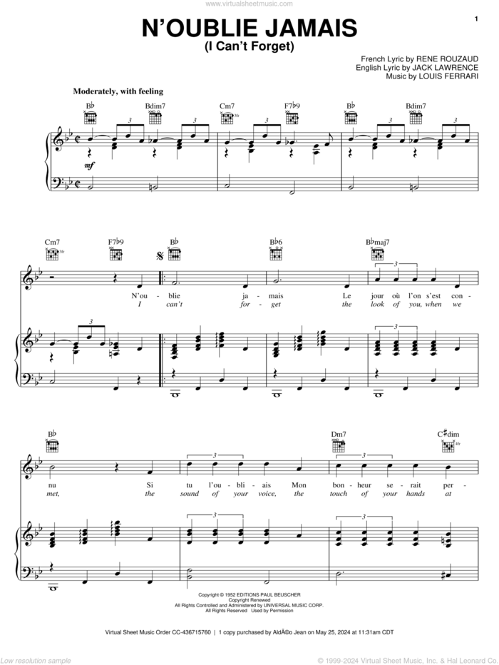 N'oublie Jamais (I Can't Forget) sheet music for voice, piano or guitar by Jack Lawrence, Louis Ferrari and Rene Rouzaud, intermediate skill level