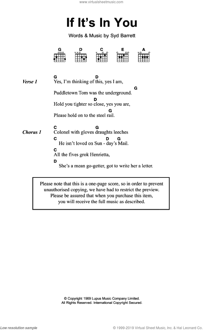 If It's In You sheet music for guitar (chords) by Syd Barrett, intermediate skill level