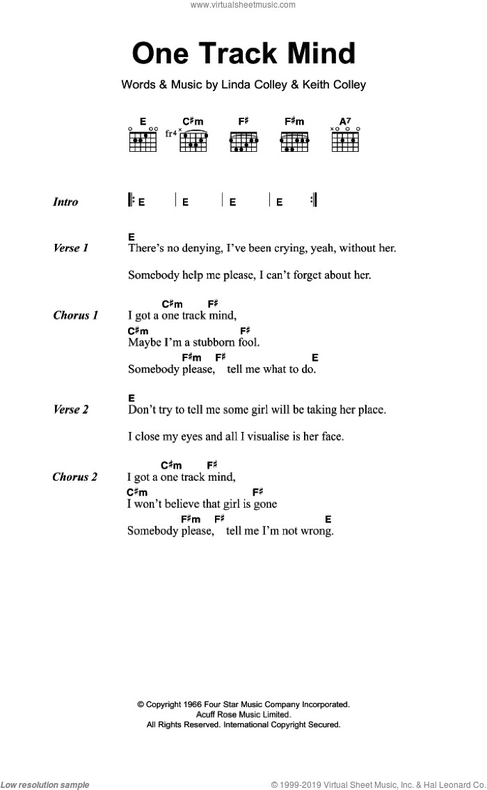 One Track Mind sheet music for guitar (chords) by The Knickerbockers, Keith Colley and Linda Colley, intermediate skill level