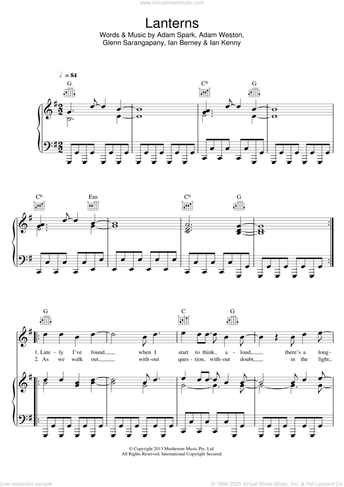 Lanterns sheet music for voice, piano or guitar by Birds Of Tokyo, Adam Spark, Adam Weston, Glenn Sarangapany, Ian Berney and Ian Kenny, intermediate skill level