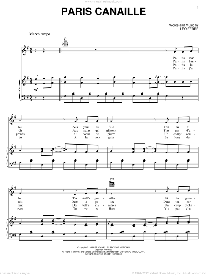 Paris Canaille sheet music for voice, piano or guitar by Leo Ferre, intermediate skill level
