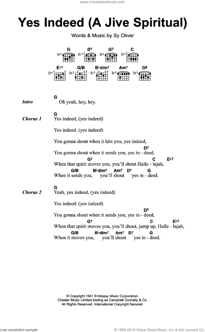 Yes Indeed (A Jive Spiritual) sheet music for guitar (chords) by The Isley Brothers, Frank Sinatra and Sy Oliver, intermediate skill level