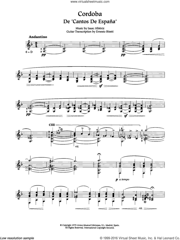 Cordoba sheet music for guitar solo (chords) by Isaac Albeniz, classical score, easy guitar (chords)