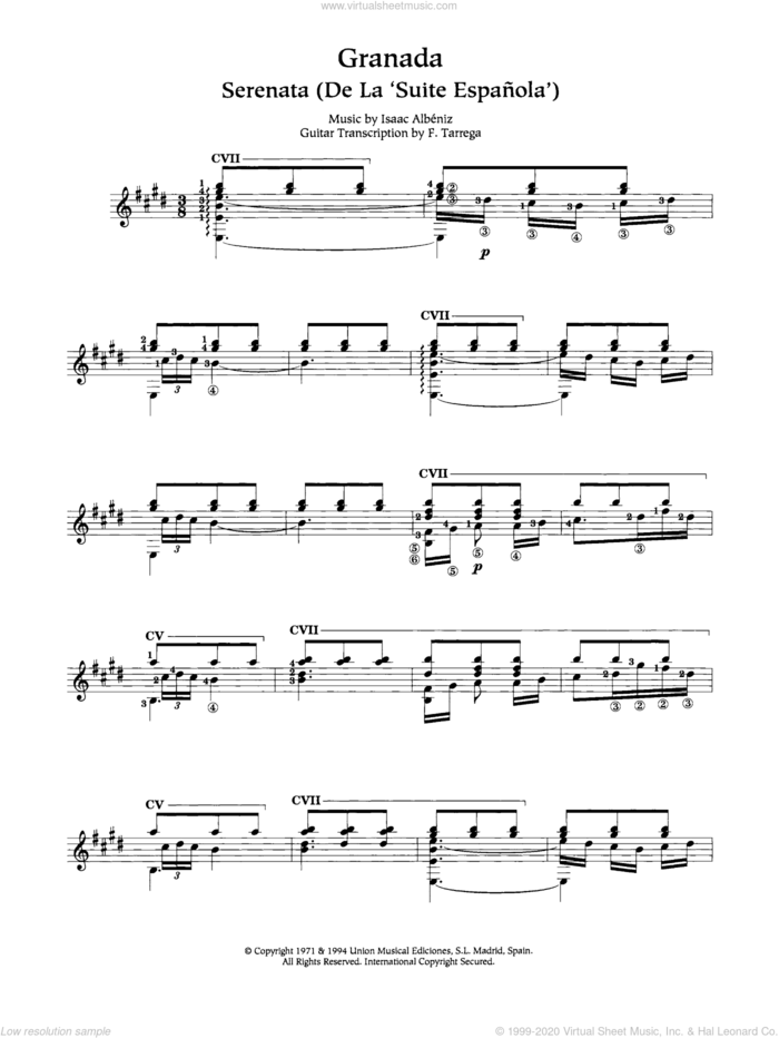 Granada sheet music for guitar solo (chords) by Isaac Albeniz, classical score, easy guitar (chords)