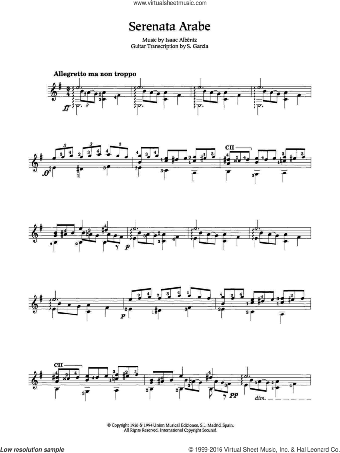 Serenata Arabe sheet music for guitar solo (chords) by Isaac Albeniz, classical score, easy guitar (chords)