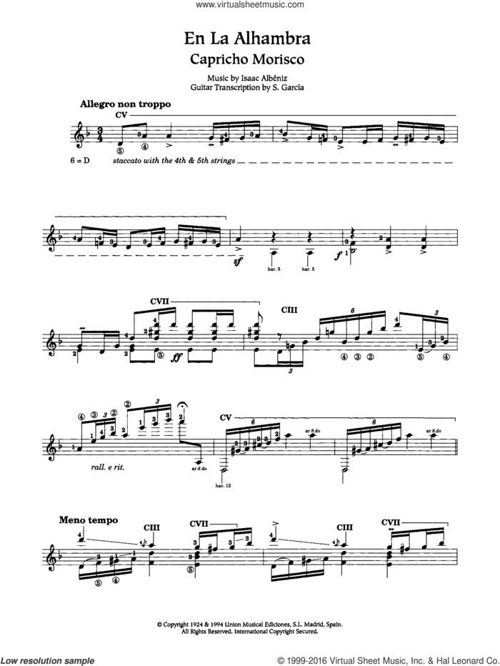 En La Alhambra (Capricho Morisco) sheet music for guitar solo (chords) by Isaac Albeniz, classical score, easy guitar (chords)