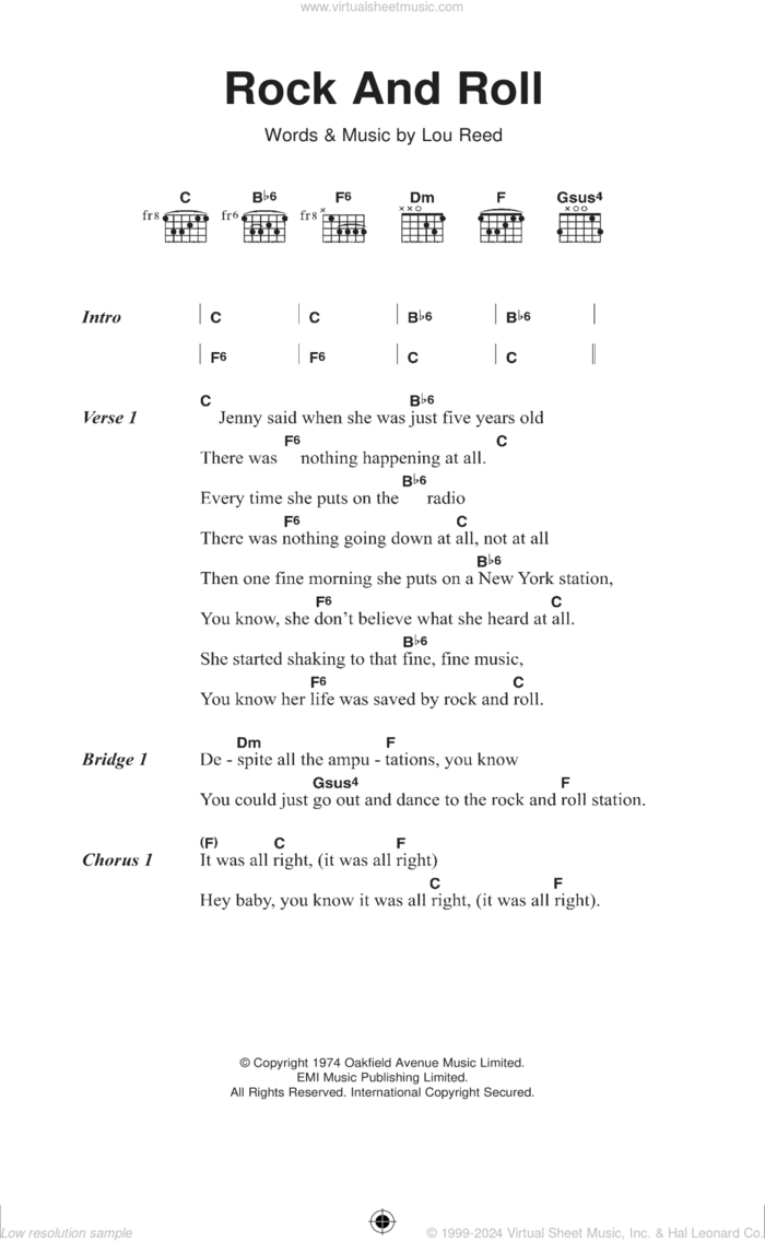 Rock And Roll sheet music for guitar (chords) by The Velvet Underground and Lou Reed, intermediate skill level