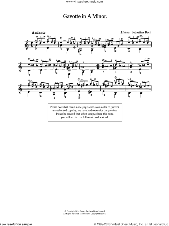 Gavotte in A Minor sheet music for guitar solo by Johann Sebastian Bach, classical score, intermediate skill level