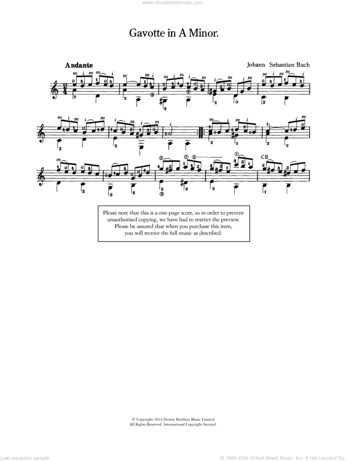 Gavotte in A Minor sheet music for guitar solo by Johann Sebastian Bach, classical score, intermediate skill level