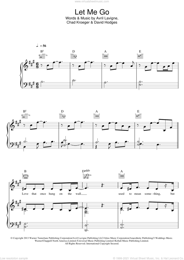 Let Me Go (feat. Chad Kroeger) sheet music for voice, piano or guitar by Avril Lavigne, Chad Kroeger and David Hodges, intermediate skill level