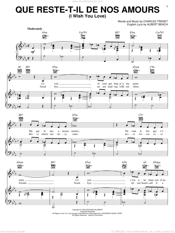 Que Reste-T-Il De Nos Amours (I Wish You Love) sheet music for voice, piano or guitar by Charles Trenet and Albert Beach, intermediate skill level