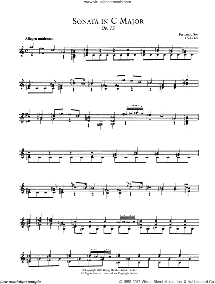 Sonata In C Major, Op.15 sheet music for guitar solo (chords) by Fernando Sor, classical score, easy guitar (chords)