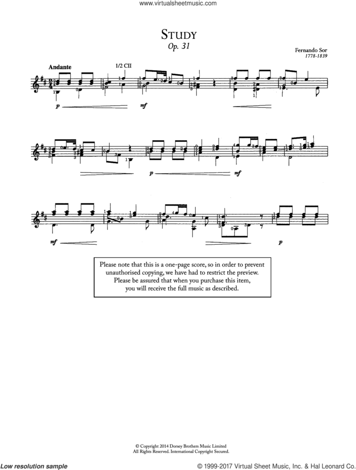 Study, Op.31 sheet music for guitar solo (chords) by Fernando Sor, classical score, easy guitar (chords)