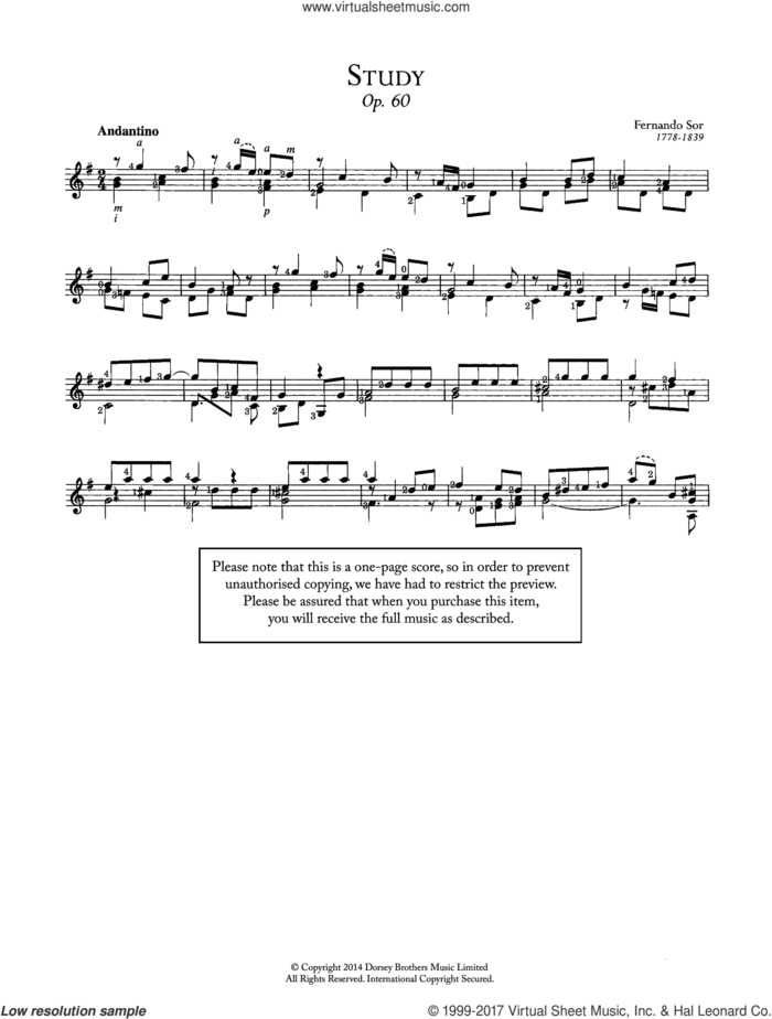Study, Op.60 sheet music for guitar solo (chords) by Fernando Sor, classical score, easy guitar (chords)