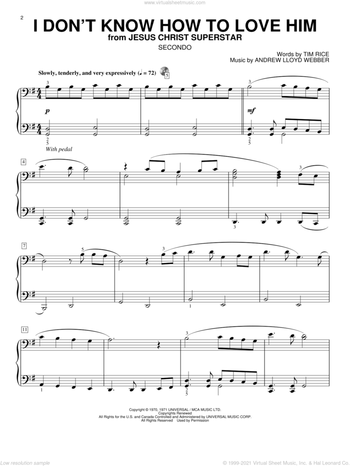 I Don't Know How To Love Him sheet music for piano four hands by Andrew Lloyd Webber, Helen Reddy and Tim Rice, intermediate skill level