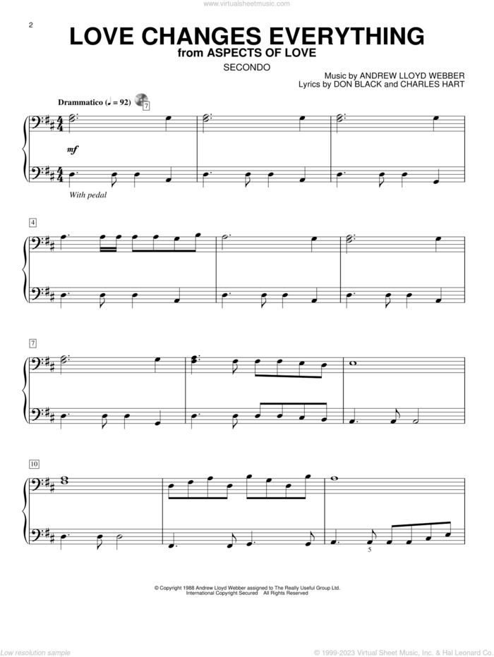 Love Changes Everything (from Aspects Of Love) sheet music for piano four hands by Andrew Lloyd Webber, Aspects Of Love (Musical), Charles Hart and Don Black, intermediate skill level