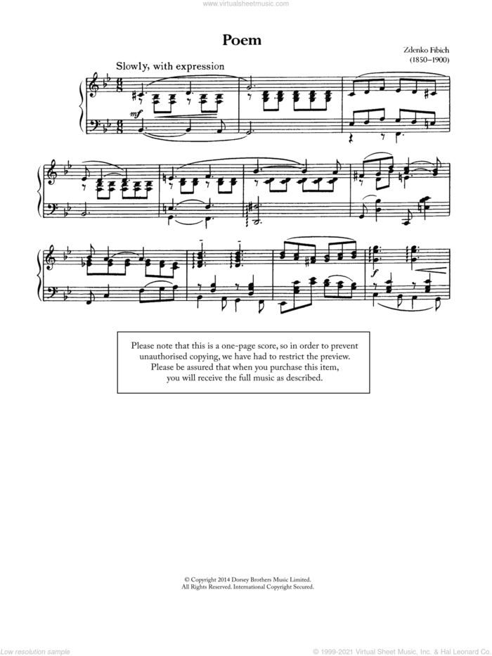 Poeme sheet music for piano solo by Zdenek Fibich, classical score, intermediate skill level