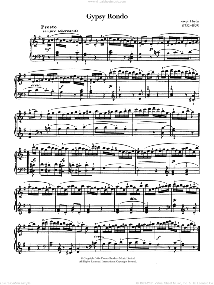Gypsy Rondo sheet music for piano solo by George Frideric Handel and Franz Joseph Haydn, classical score, intermediate skill level