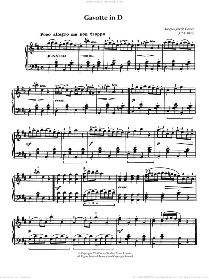 Gavotte sheet music for piano solo by Francois-Joseph Gossec, classical score, intermediate skill level