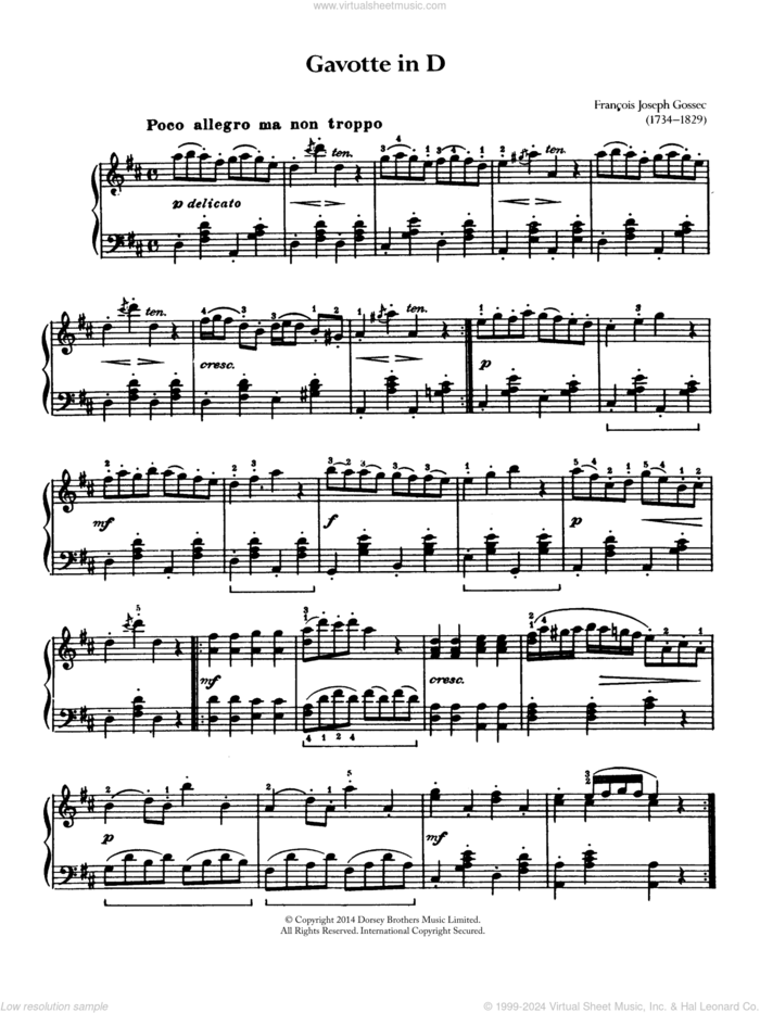 Gavotte sheet music for piano solo by Francois-Joseph Gossec, classical score, intermediate skill level