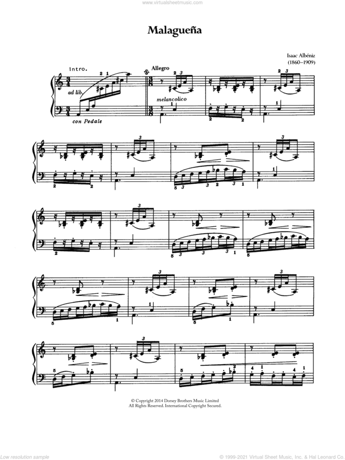 Malaguena sheet music for piano solo by Isaac Albeniz, classical score, intermediate skill level
