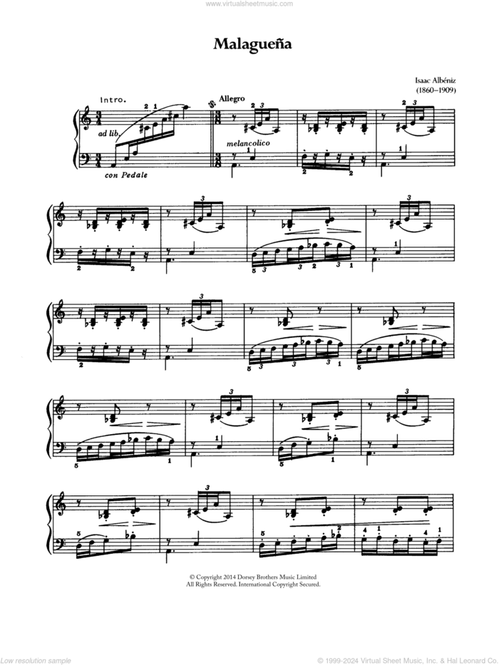 Malaguena sheet music for piano solo by Isaac Albeniz, classical score, intermediate skill level