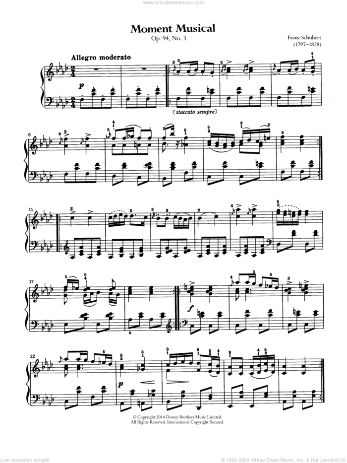 Moment Musical sheet music for piano solo by Franz Schubert, classical score, intermediate skill level