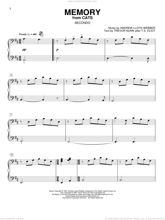 Memory (from Cats) sheet music for piano four hands by Andrew Lloyd Webber, Barbra Streisand, Cats (Musical), T.S. Eliot and Trevor Nunn, intermediate skill level