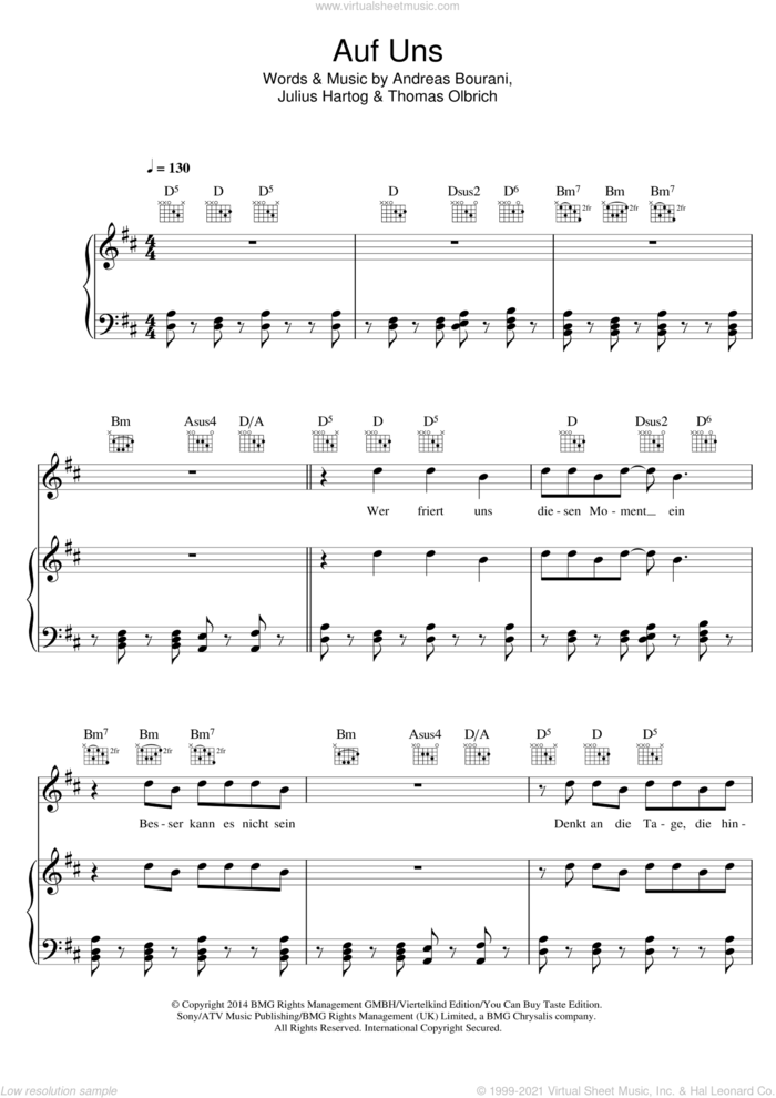 Auf Uns sheet music for voice, piano or guitar by Andreas Bourani, Julius Hartog and Thomas Olbrich, intermediate skill level