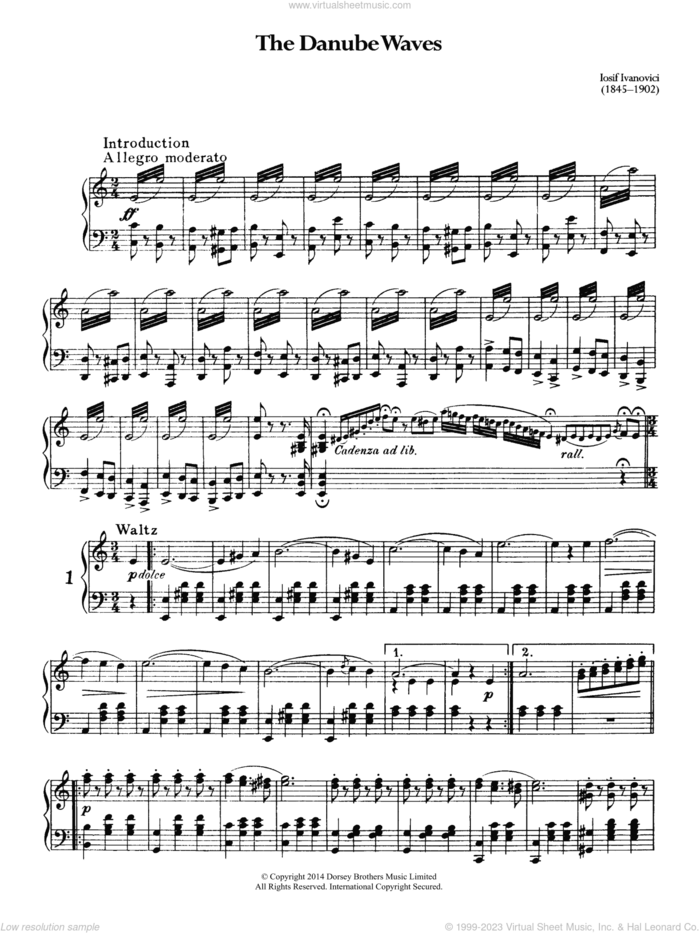 Danube Waves sheet music for piano solo by Iosif Ivanovici, classical score, intermediate skill level