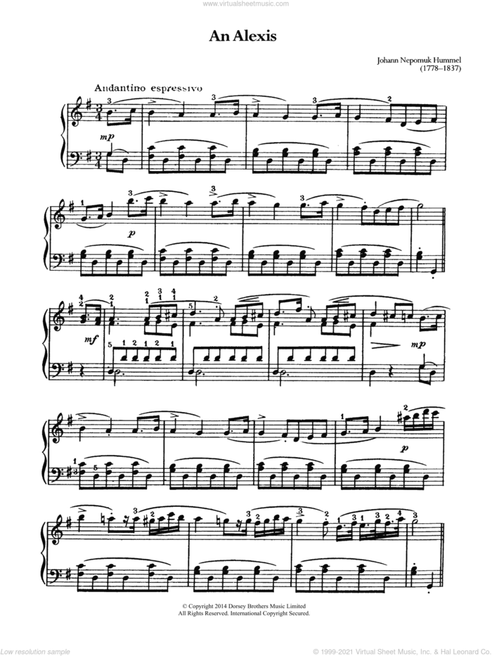 An Alexis sheet music for piano solo by Johann Nepomuk Hummel, classical score, intermediate skill level