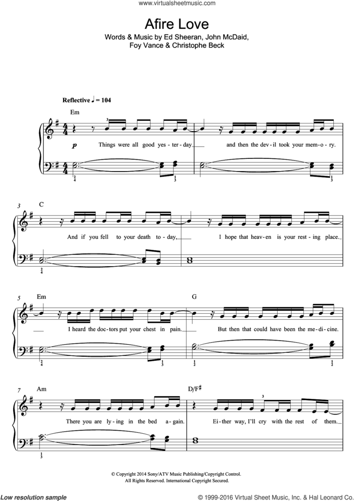 Afire Love sheet music for piano solo by Ed Sheeran, Christophe Beck, Foy Vance and John McDaid, easy skill level