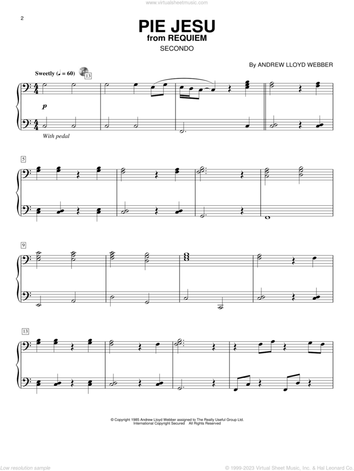 Pie Jesu sheet music for piano four hands by Andrew Lloyd Webber, classical score, intermediate skill level