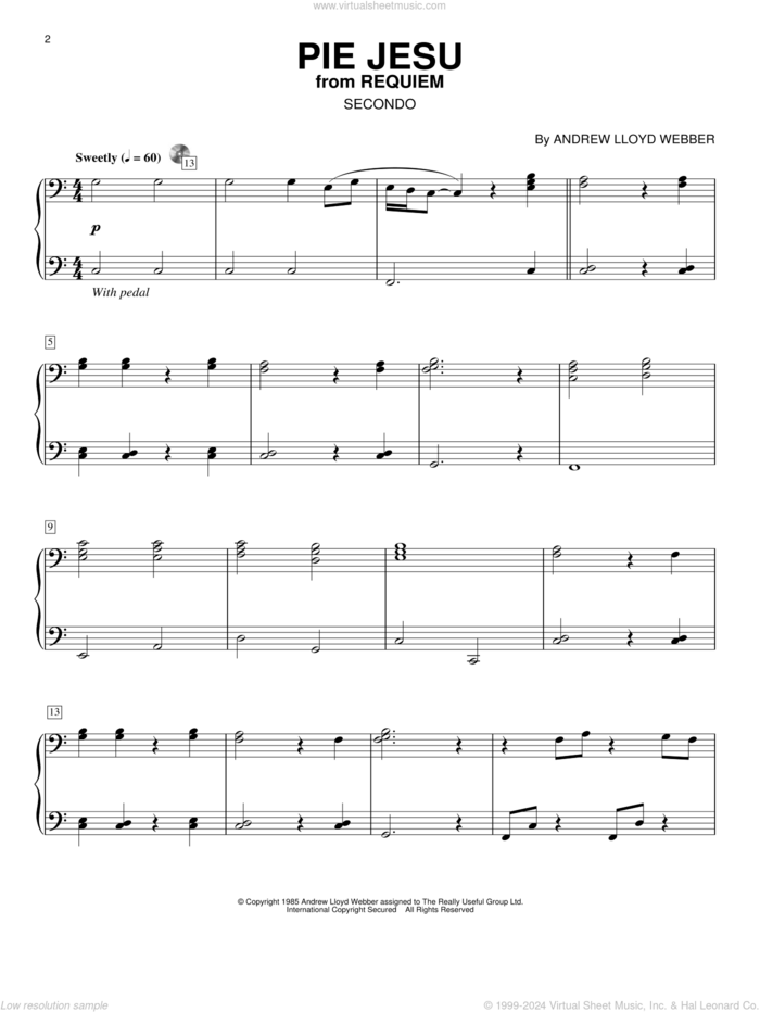 Pie Jesu sheet music for piano four hands by Andrew Lloyd Webber, classical score, intermediate skill level