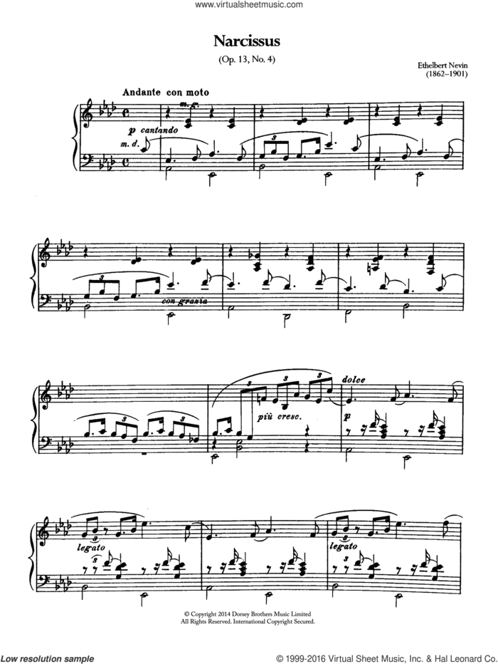 Narcissus (Opus 13 No.4) sheet music for piano solo by Ethelbert Nevin, classical score, intermediate skill level
