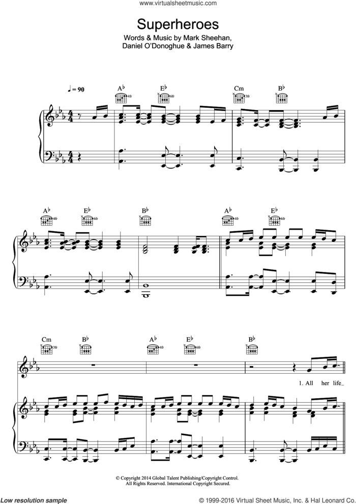 Superheroes sheet music for voice, piano or guitar by The Script, James Barry and Mark Sheehan, intermediate skill level