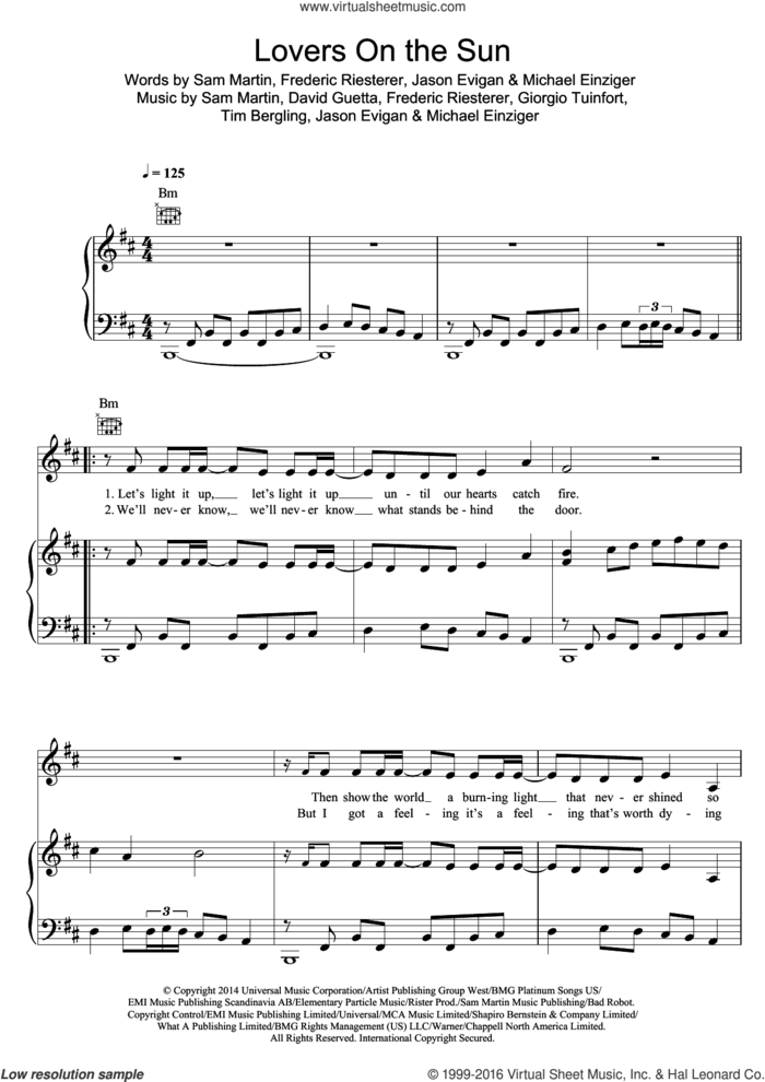 Lovers On The Sun (featuring Sam Martin) sheet music for voice, piano or guitar by David Guetta, Frederic Riesterer, Giorgio Tuinfort, Jason Evigan, Michael Einziger, Sam Martin and Tim Bergling, intermediate skill level