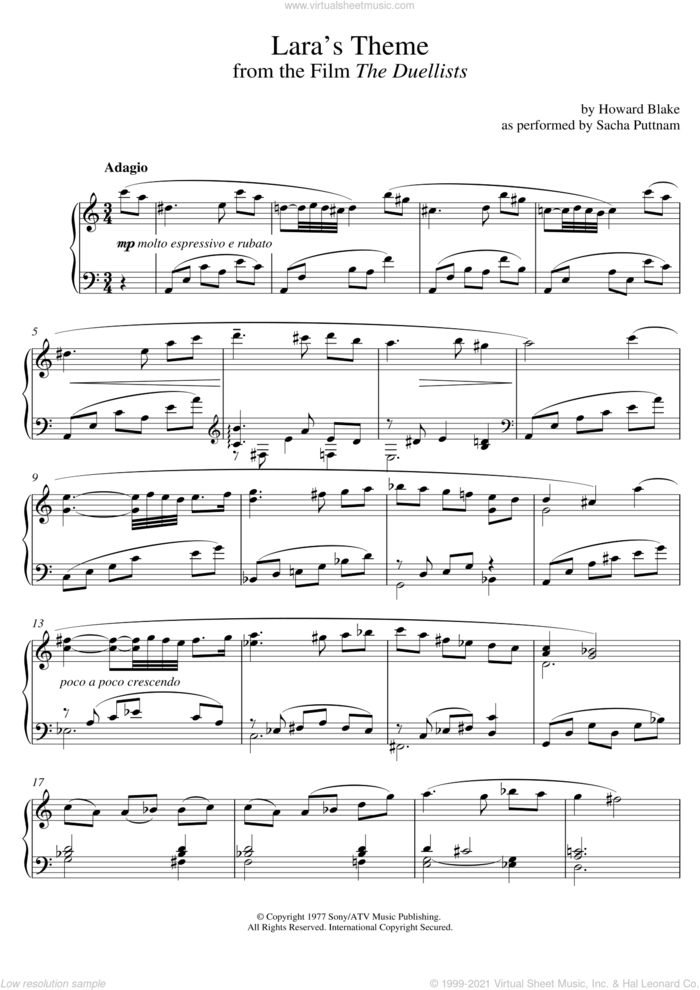 Lara's Theme (From The Duellists) (as performed by Sacha Puttnam) sheet music for piano solo by Howard Blake, intermediate skill level