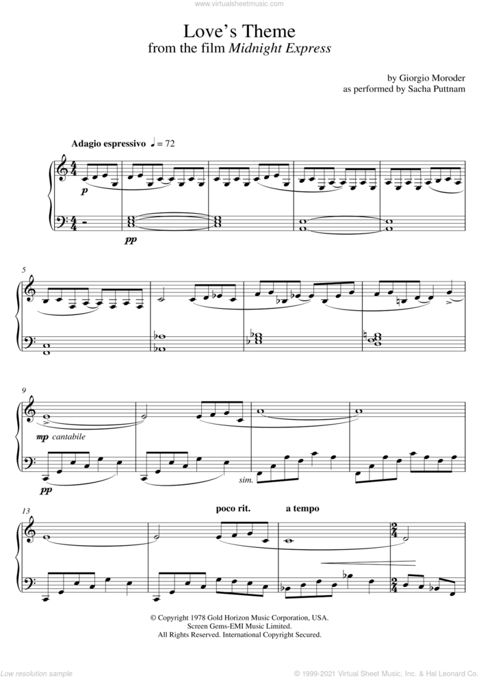 Love's Theme (from Midnight Express) (as performed by Sacha Puttnam) sheet music for piano solo by Giorgio Moroder and Sacha Puttnam, intermediate skill level