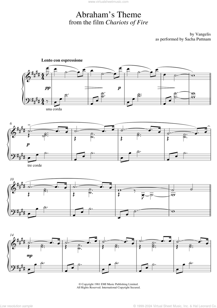 Abraham's Theme (from Chariots Of Fire) (as performed by Sacha Puttnam) sheet music for piano solo by Vangelis and Sacha Puttnam, intermediate skill level