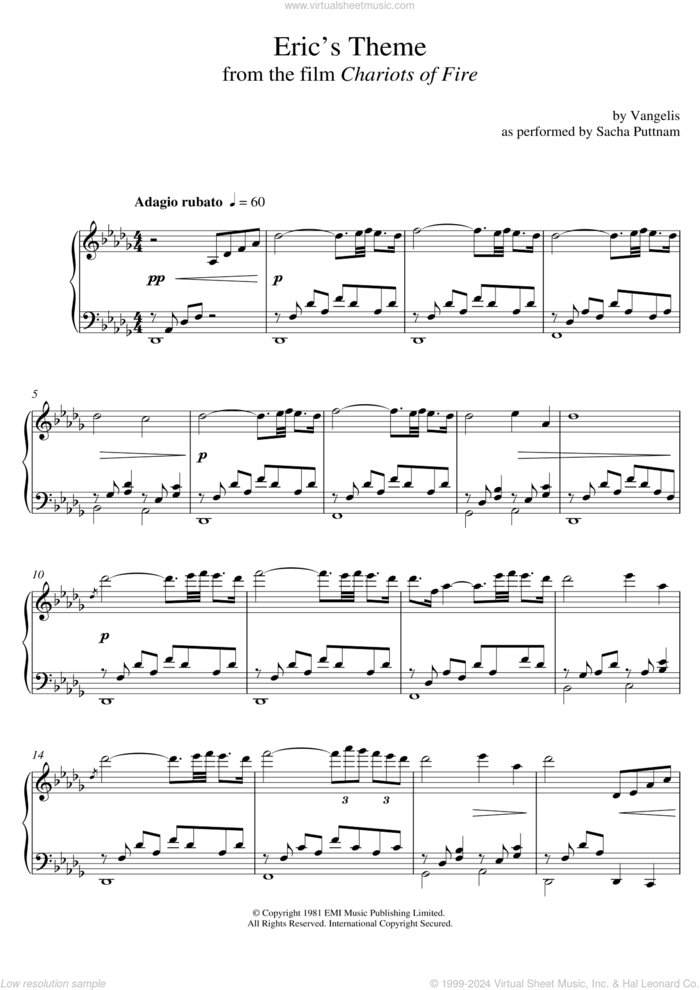 Eric's Theme (from Chariots Of Fire) (as performed by Sacha Puttnam) sheet music for piano solo by Vangelis and Sacha Puttnam, intermediate skill level