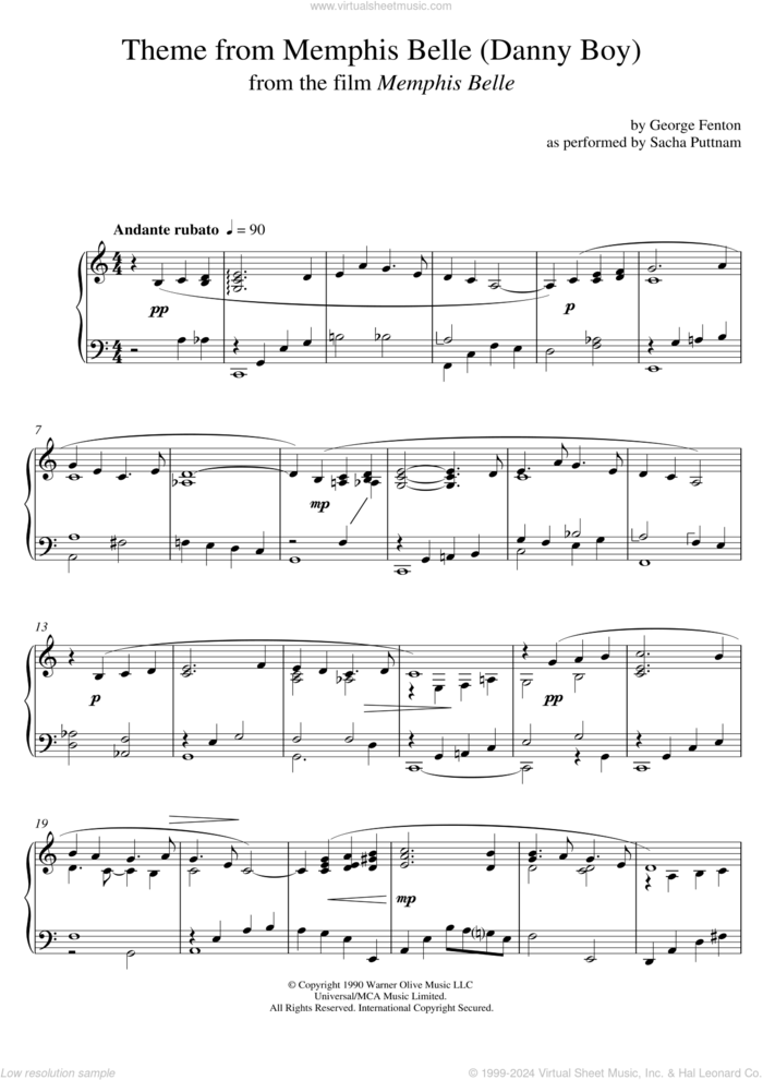 Memphis Belle (Main Title) (as performed by Sacha Puttnam) sheet music for piano solo by George Fenton and Sacha Puttnam, intermediate skill level