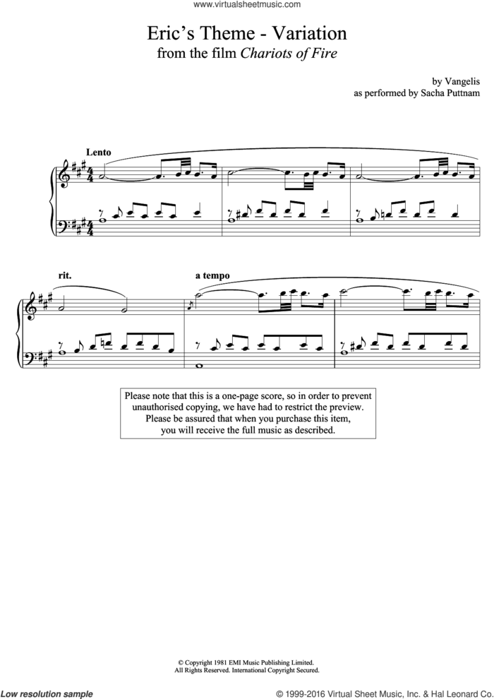 Eric's Theme- Variation (From Chariots Of Fire) (as performed by Sacha Puttnam) sheet music for piano solo by Vangelis and Sacha Puttnam, intermediate skill level